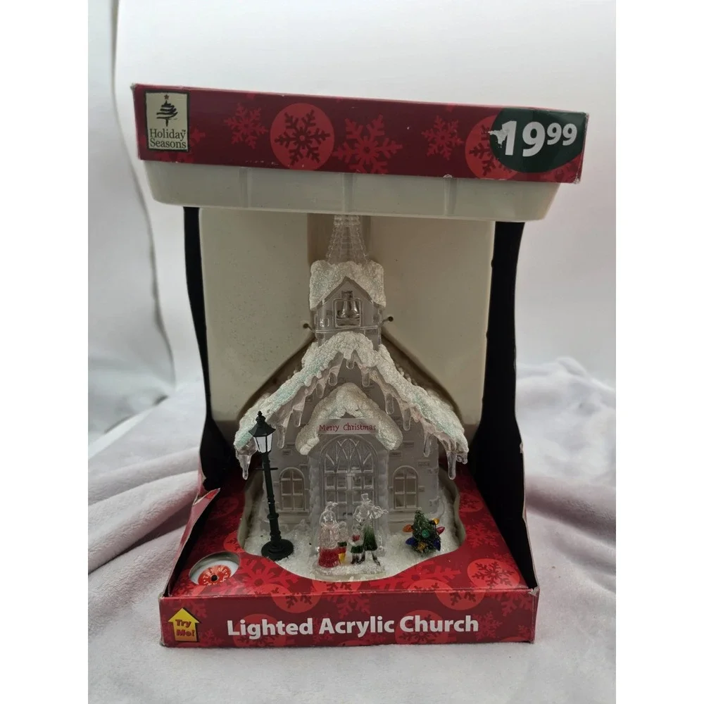 Vtg Nos Christmas Lighted Church Chapel Heavy Clear Glass Snowy Plug In 12.